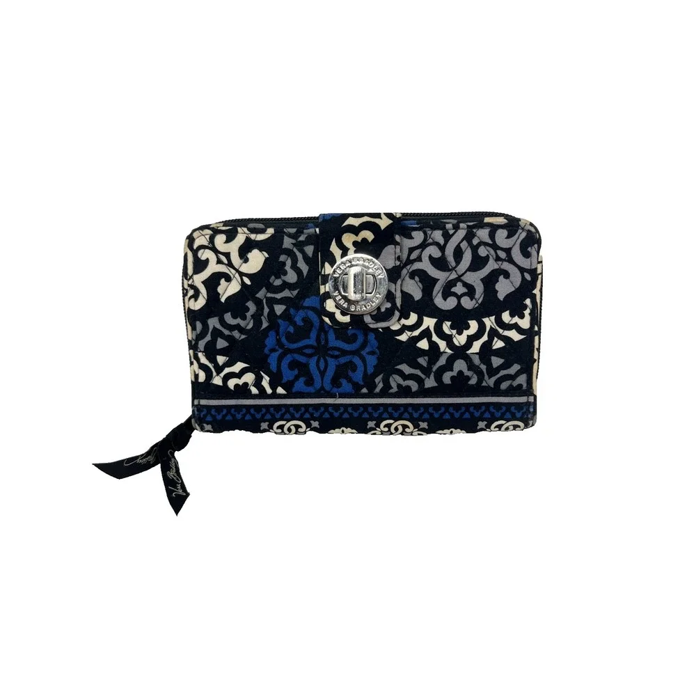 Vera Bradley Canterbury Pattern Turn Lock Zip Around Wallet Cobalt Blue Black